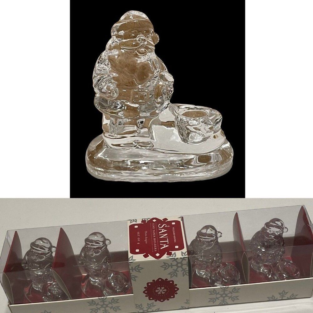 NEW WILLIAMS SONOMA (4) SANTA christmas Tiny Tapers Candle Holders Clear Glass